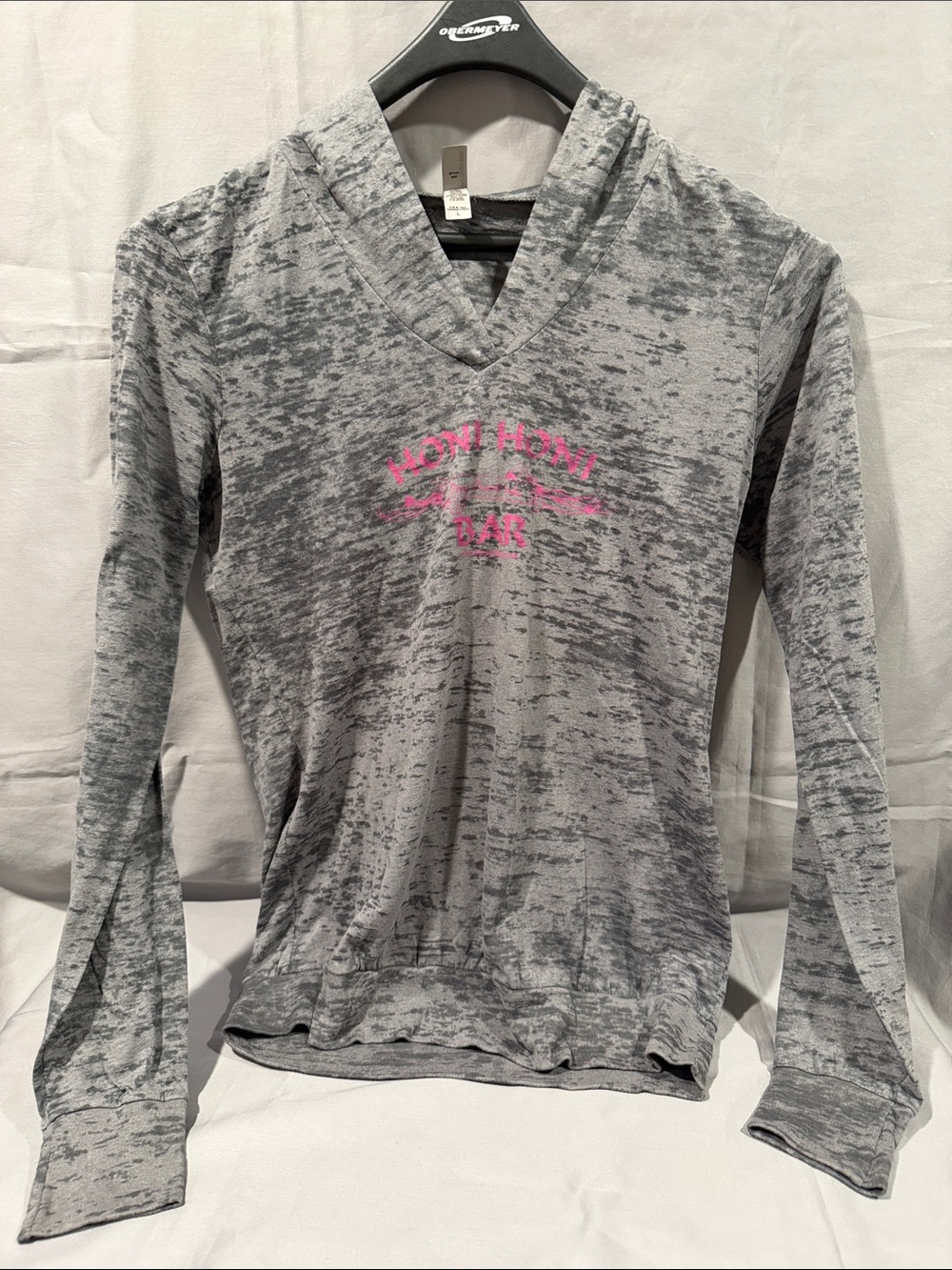 Next Level Apparel Gray Burnout V-Neck Hoodie with Pink Chest Logo